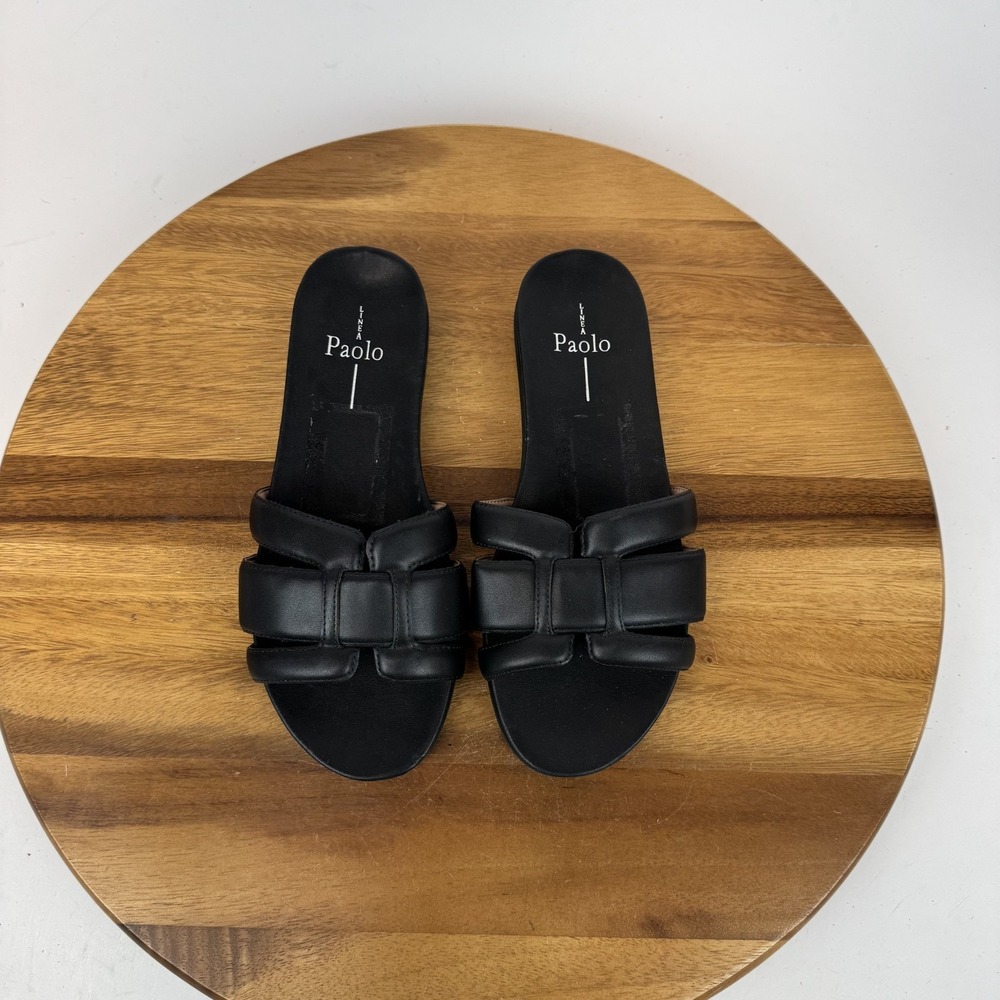 New Womens Linea Paolo Landry Black Leather Woven Casual Slide Sandals Size 7 M‎